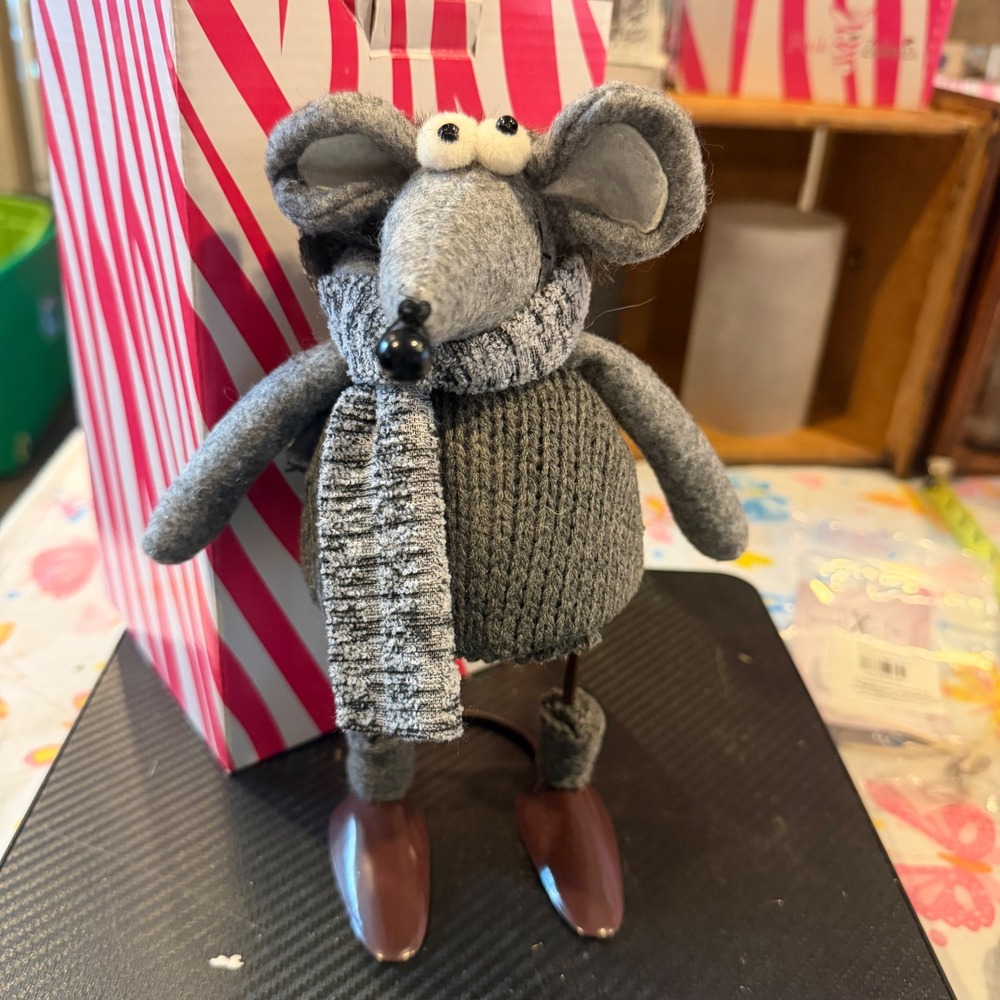 Pink Zebra Rustic Gray Fabric Mouse Figurine Winter Christmas Decor Knit Sweater